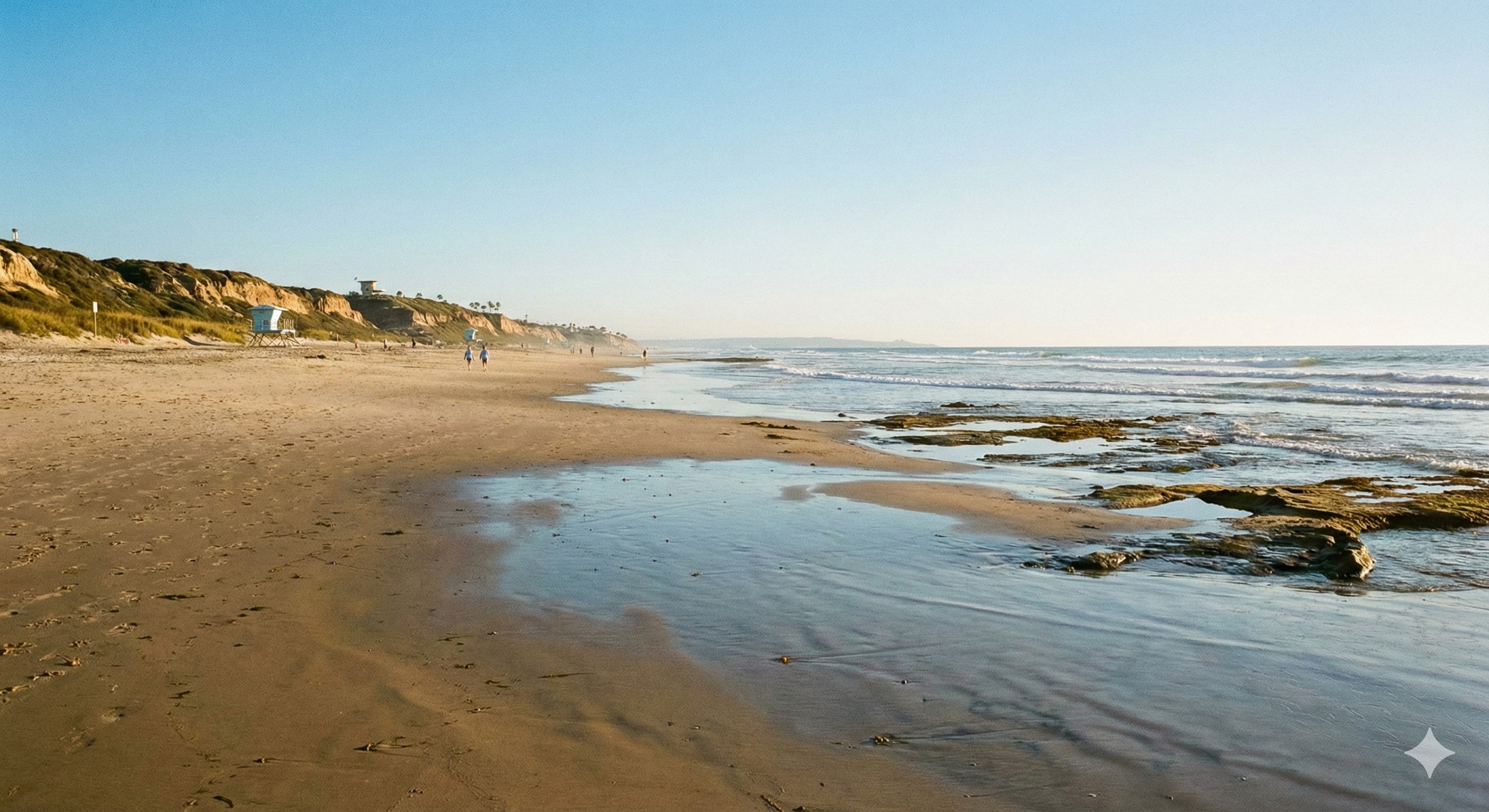 Carlsbad State Beach at low tide with exposed reef and tide pools